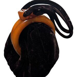 Vintage Black Velvet Handbag With Amber-Like Lucite Frame Drawstring Closure Gra